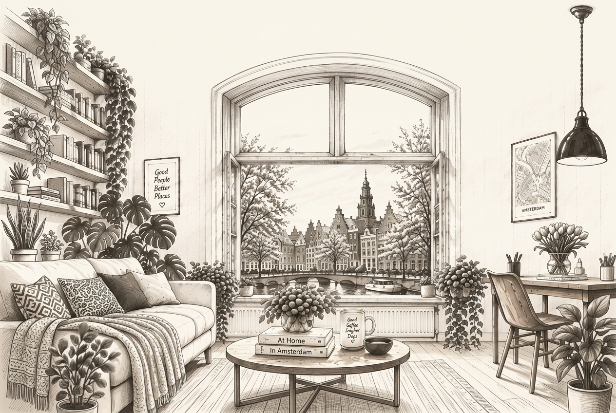 Hand-drawn Dutch interior overlooking an Amsterdam canal